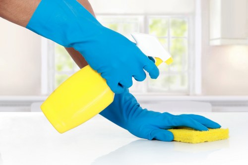 Cleaner wearing protective gloves while beginning a safe cleaning task